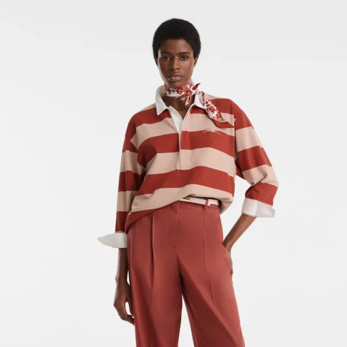 Crema/Coral – Polo de jersey a rayas