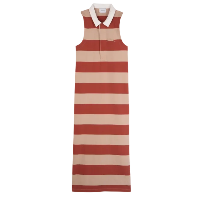 Crema/Coral – Vestido polo de jersey a rayas